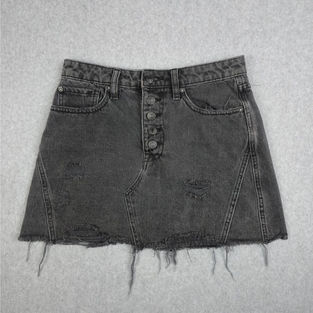 We The Free People 26 Black Button Fly Distressed A-line Denim Mini Skirt